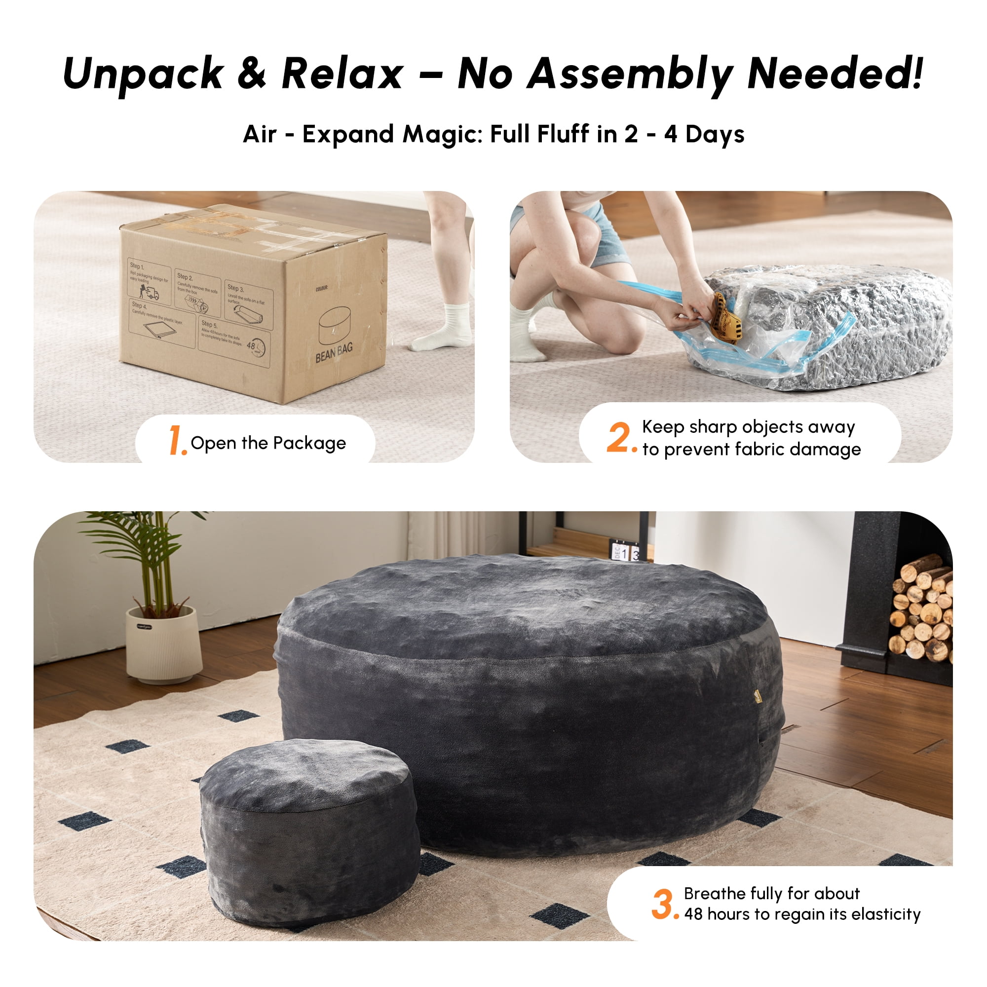 Vcatnet 59" Oversized Bean Bag Chair for Adults with Ottoman Giant Bean Bag Sofa Couch with Memory Foam Upholstered Lazy Floor Sofa for Living Room Bedroom, Dark Gray