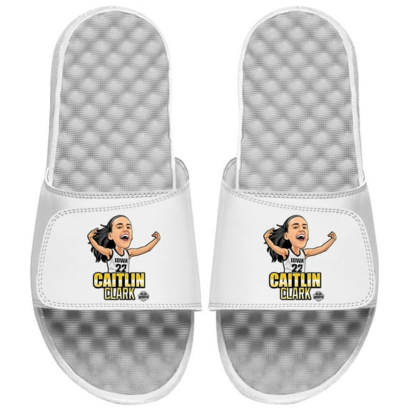 Youth ISlide Caitlin Clark White Iowa Hawkeyes Caricature Graphic Slide Sandals