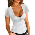thumbnail image 1 of Womens Basic Sexy Low Cut Button Down Tight Slim Fitted Tee Tops T Shirts, 1 of 4
