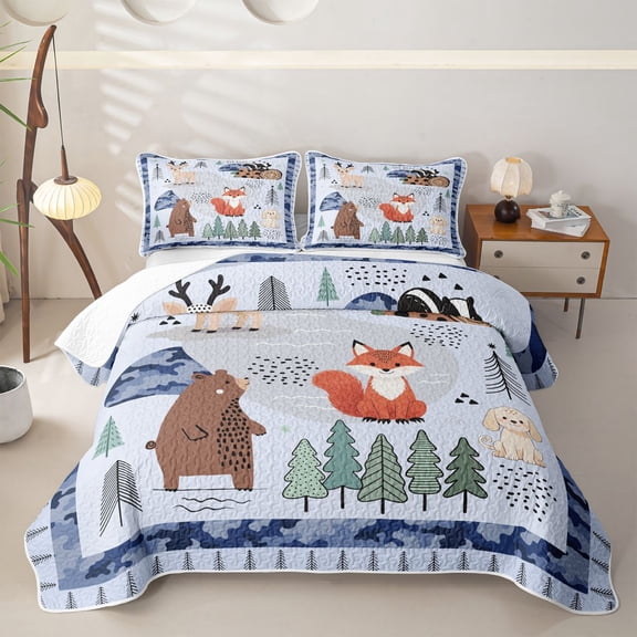 Castle Fairy Cute Camo Woodland Animal Twin Quilt Set,Fox Bear Deer Puppy Pine Twin Coverlet Set,Sky Blue Cream