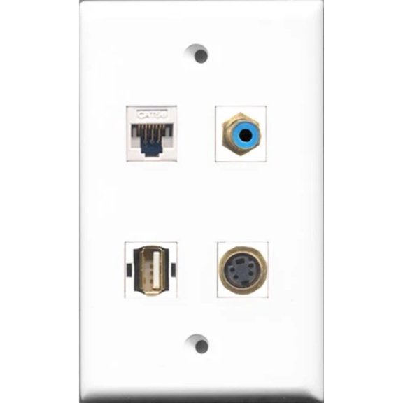 RiteAV 1 Port RCA Blue and 1 Port USB A-A and 1 Port S-Video and 1 Port Cat5e Ethernet White Wall Plate
