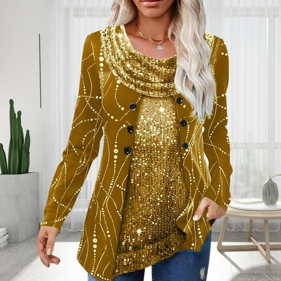 Gubotare Winter Tops for Women Long Sleeve Womens Long Sleeve Shirts Floral Print V Neck Tunic Blouses Tops (Gold,3XL)