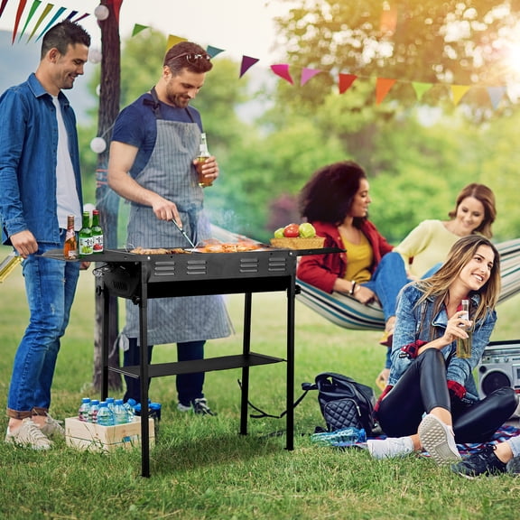 BAYUELSWU Portable Charcoal Grills, Foldable Charcoal BBQ Grill with Storage Shelf & Bag for Hiking, Camping, Backyard, Party, Picnic (Black)