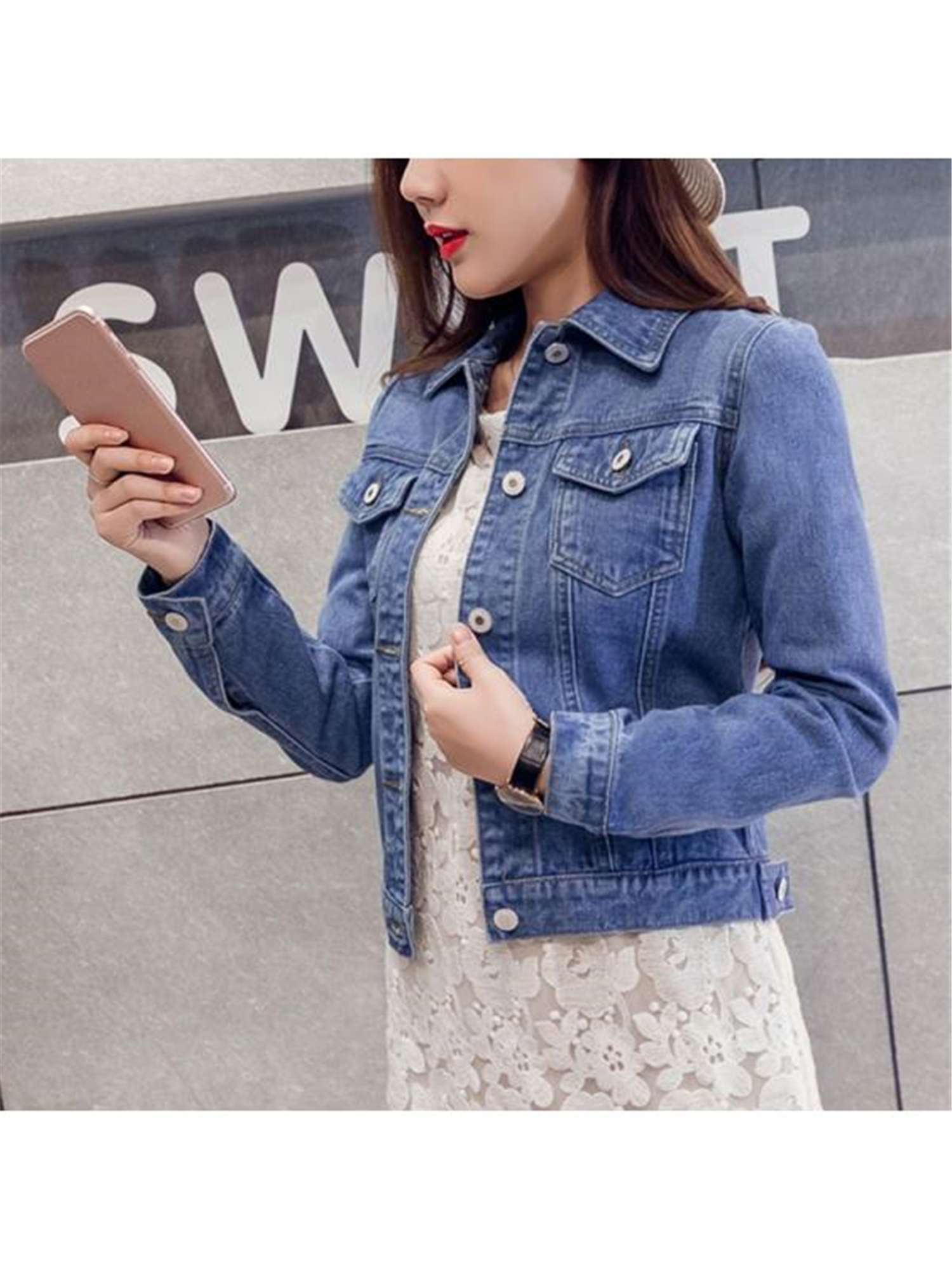Topwoner Women's Short Denim JacketLong Sleeve Cropped Denim Jean Jacket with PocketsClassic Outerwear Cropped Denim Jacket, Size: XL, Blue