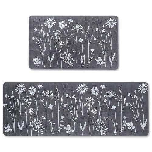 Floral Kitchen Rugs and Mats Sets of 2 Cushioned Anti-Fatigue Floor Mat Non-Slip Waterproof Kitchen Rug Set for Kitchen Office Sink Grey