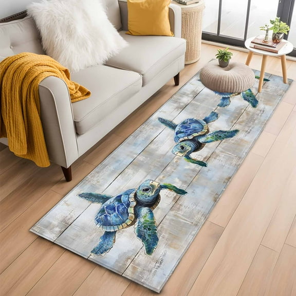Teal Blue Turtle Coastal Kitchen Runner Rug 2x6 Washable Runners for Hallway Non Slip Vintage Nautical Summer Beach Large Area Rug Indoor Floor Carpet for Bathroom Laundry Entryway Bedroom