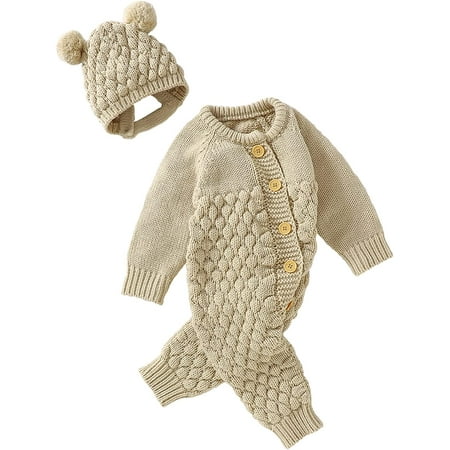 

Newborn Infant Baby Boys Girl Knit Romper And Hats Cloth Set Long Sleeve Jumpsuits Hat Sweater Outfit Winter Unisex Solid