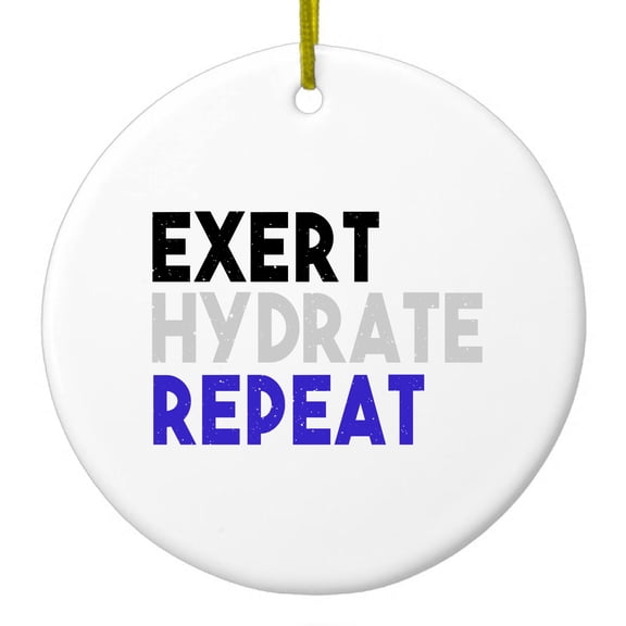 DistinctInk Hanging Ceramic Christmass Tree Ornament with Gold String - Great Gift / Present - 2 3/4 inch diameter - Exert Hydrate Repeat