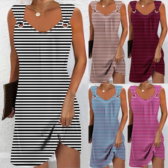 Antinious Summer Beach Dresses for Women,Summer Dresses for Women Elegant Solid Pocket Sleeveless V-Neck Dress,Blue,M