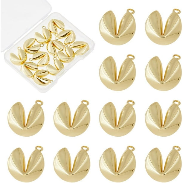 12 amuletos de galletas chapados en oro de 18 quilates, amuletos de comida, amuletos de latón con forma de galleta de la fortuna, amuleto dorado de galleta