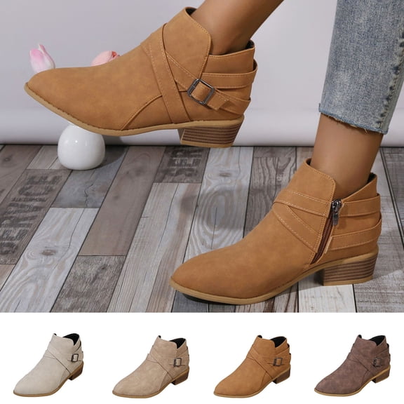 FchengtaiS Women's Ankle Boots Low Heel Chunky Short Booties Side Zipper Shoes with Pointed Toe