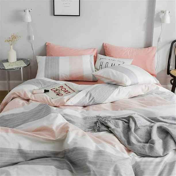IBAOLEA Twin Cotton Duvet Cover Modern Girls Bedding Peach and Grey Striped Comforter Cover Bed Sets Twin Aesthetic 3 Piece Bedding Sets Twin for Teen
