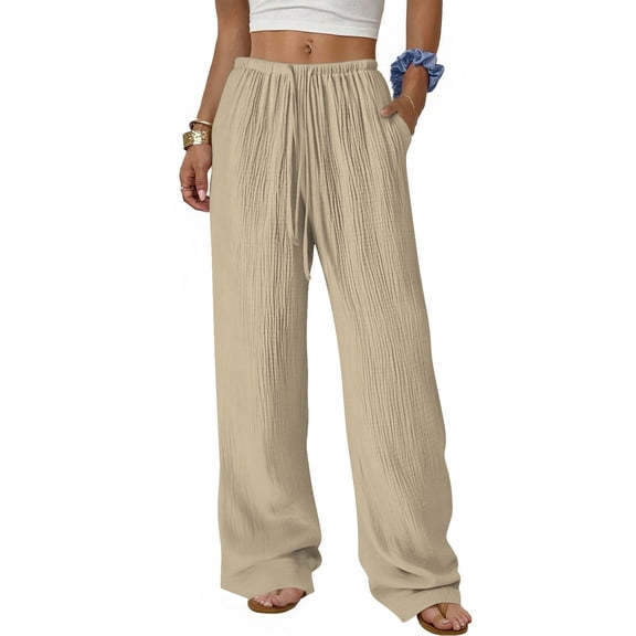 WHLBF UTTOASFAY Womens Pants Elastic Waist Straight Leg Pants Pull-On Solid Color with Trousers with Pockets Casual Ankle Pants Beige M