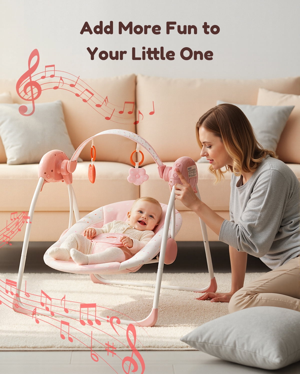 Tiny Marvels Deluxe Cozy Portable Baby Swings for Infants,Adaptable Speed,Music,Removable-Toy-Bar,Age 0-9 Months(Blush Bloom)