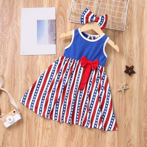 Wavsuf Children Girls Casual Dresses Printed Bow Cute Blue Children's Clothing Size 3-4Years