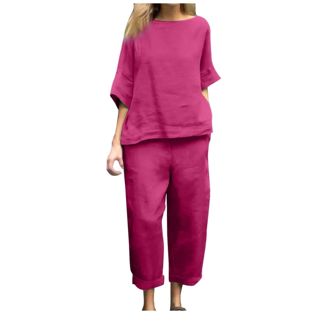 Timegard Ensemble 2 Pcs Grande Taille pour Femmes Manches 1/2 Col Rond Hauts Décontractés Pantalons Courts Amples avec Poches
