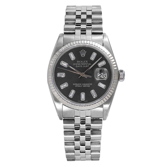Pre-Owned Rolex Datejust 36MM 16014 Black Baguette Diamond Dial Fluted Bezel Stainless Steel Jubilee Bracelet