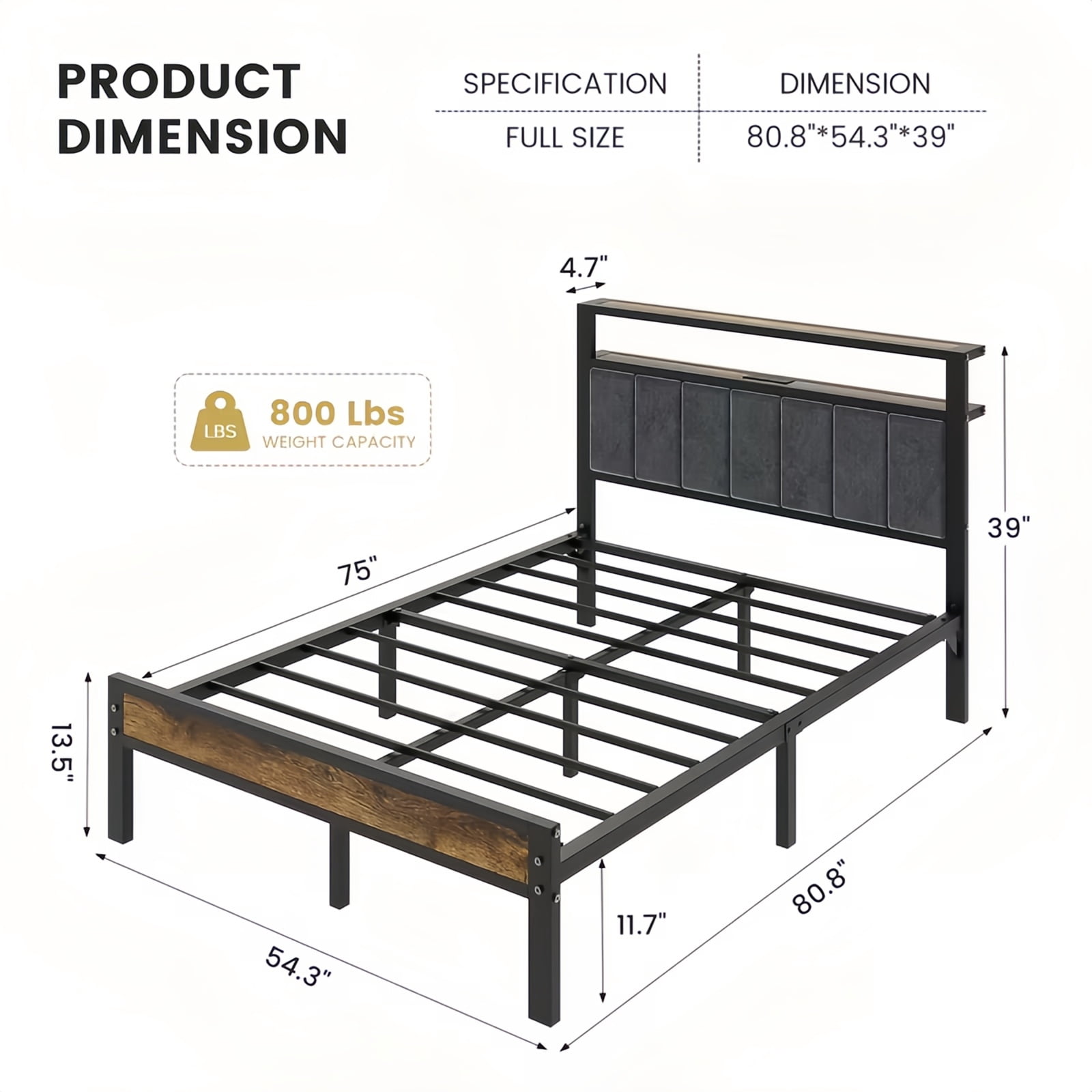 Kbun Full Size Bed Frame with Headboard Storage Metal Platform Bed with Charging Station, Upholstered Tufted Storage Headboard,Noise-Free, No Box Spring Needed, Easy Assembly, Rustic