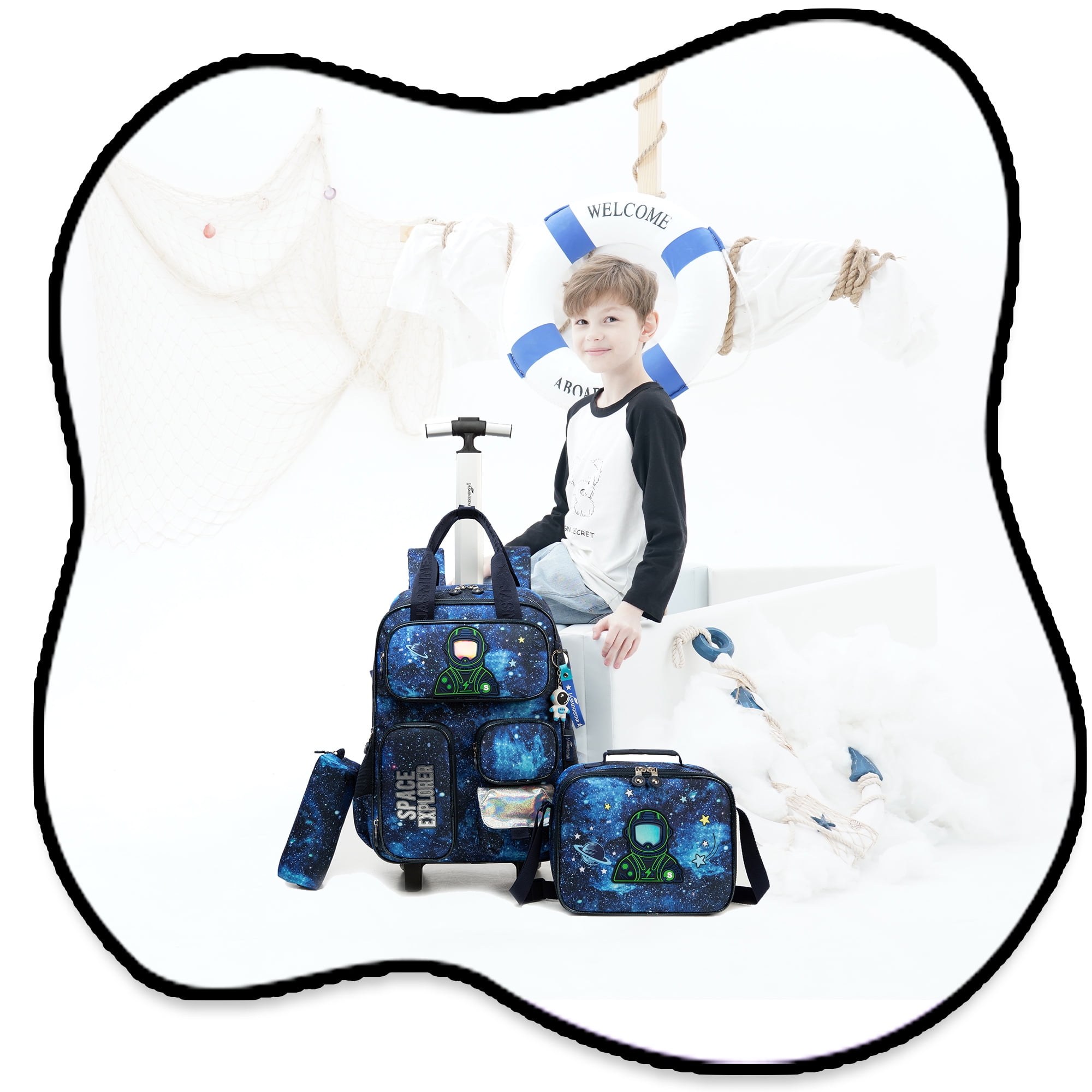 Kids Rolling Backpack for School Boys with Wheels Roller Backpacks with Lunch Box Pencil Case for Ages 8-10
