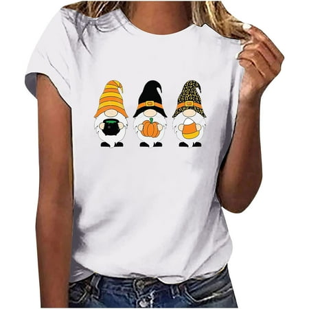 

YFPWM Halloween Clothes for Women Corset Tops Broom Witch Top Halloween Gnomes Pumpkin Top Spider Fleece Print Top Halloween Print Short Sleeve Tops