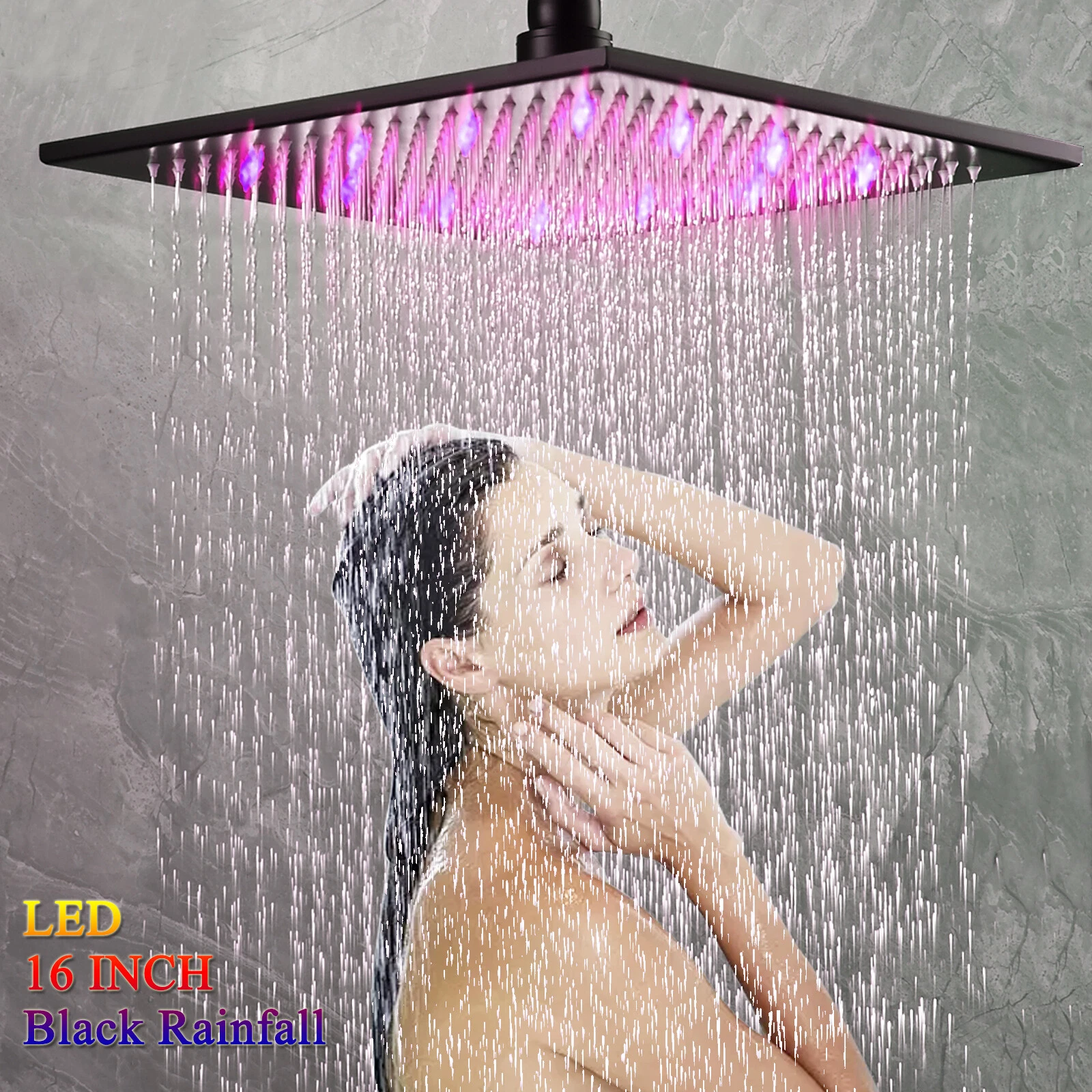 LED Black Square 16 Inch Rain Shower Head High Pressure Top Sprayer Solid Brass