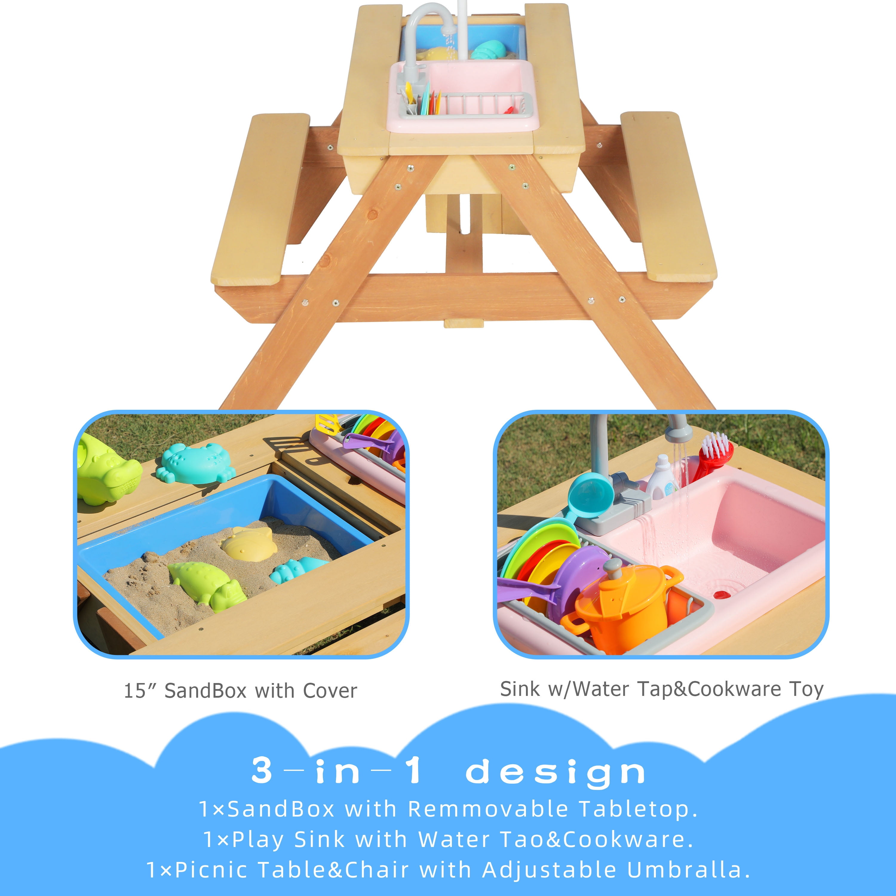 CQSXDA Versatile Wooden Kids Picnic and Sand Water Table with Umbrella for Outdoor Activity in Your Patio Area