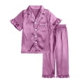 thumbnail image 1 of BLVB Silk Satin Pajamas Set Girls 2 Piece Pj Sets Ruffle Short Sleeve Long Pants Sleepwear Soft Button down Loungewear for Kids, 1 of 6
