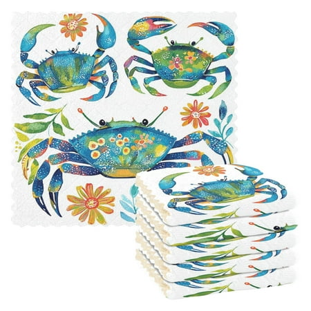 

6 Pack Kitchen Dish Towels 11 Inch x 11 Inch Reusable Cleaning Cloths for Washing Dishes Dish Cloths for Drying Dishes Blue and Green Crabs