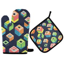 Yayeee Oven Mitts and Pot Holder Set of 4 Heat Resistant Kitchen Gloves Baking Hot Pad, Green Cubes