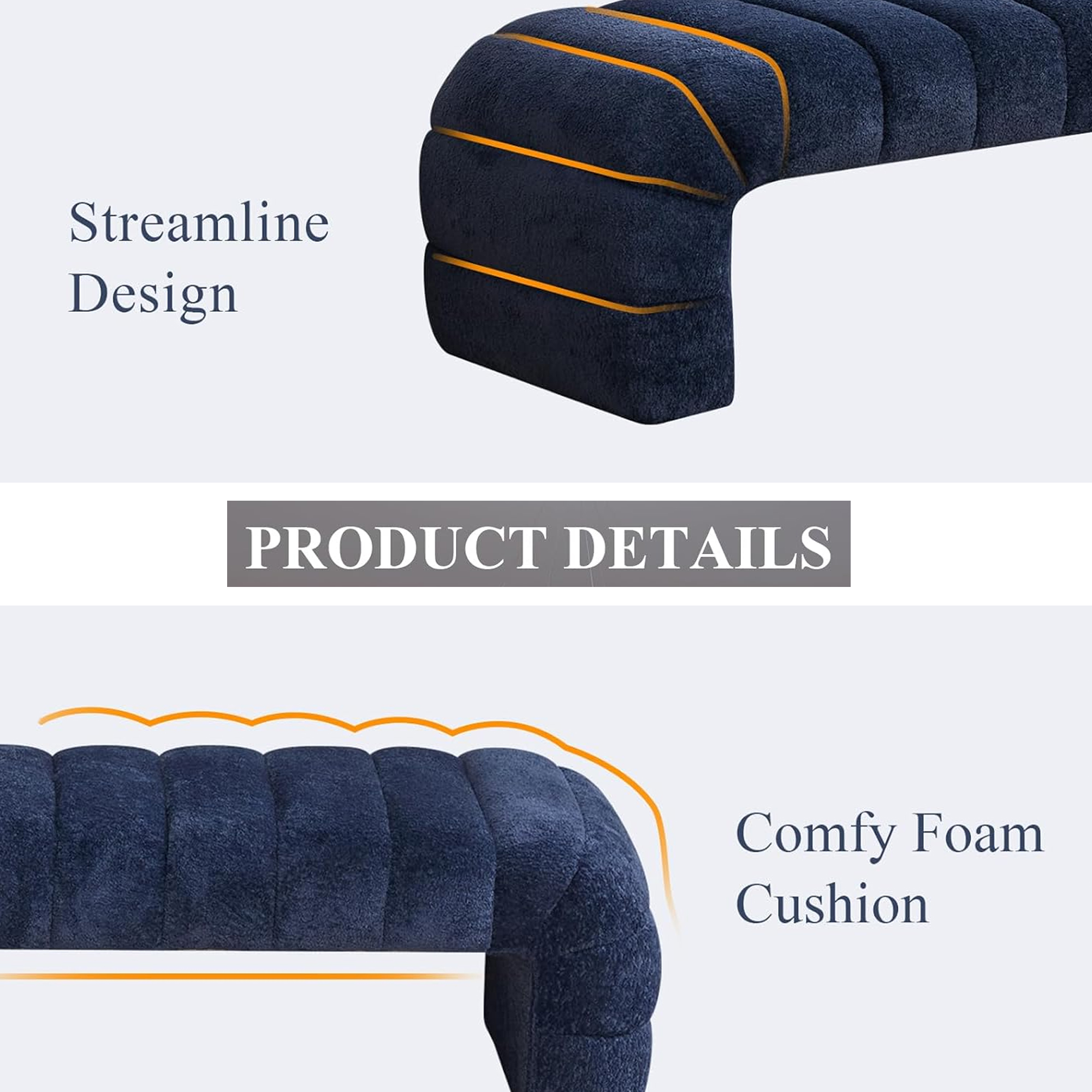HIUU 70"Blue Bench for Bedroom,Bed Benches for Foot of Bed with Streamline Design,Fabric Ottoman Bench with Soft Teddy Fabric,Modern Bedroom Benches for Living Room and Bedroom, Entryway