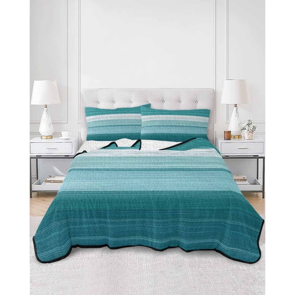 Quilts King Size, Teal Green Ombre Stripes Soft Comforter Bedding Set for Bed, Modern Farmhouse Lines Art Lightweight Quilted Bedspread with Pillow Cover(2 Pieces) for All Season, 96x106 Inch