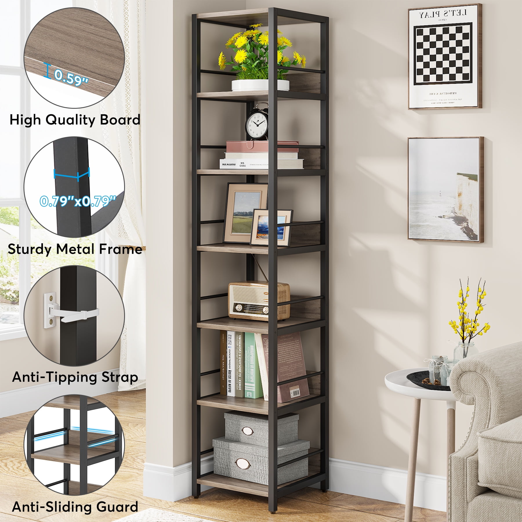 Mcombo tall bookshelf for small spaces, narrow bookcase with