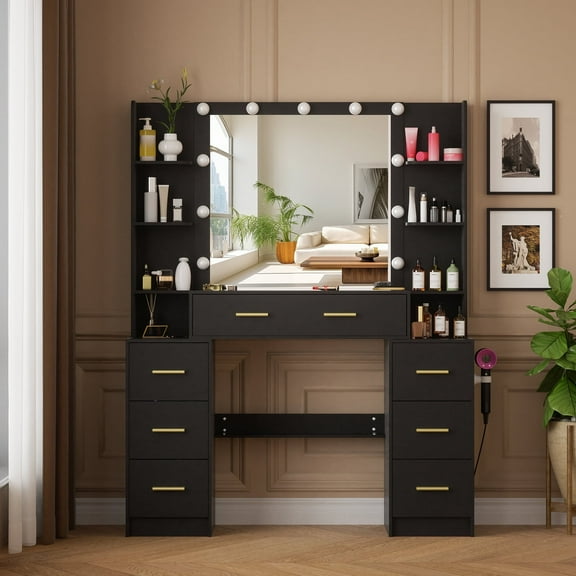 Yamissi Makeup Vanity with Lighted Mirror, Black Vanity Desk with 7 Drawers, Bedroom Large Dressing Table for Women