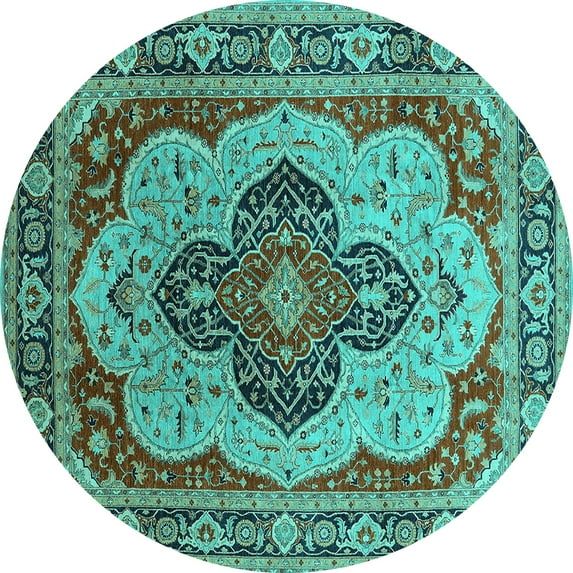 Ahgly Company Indoor Round Oriental Turquoise Blue Industrial Area Rugs, 3' Round