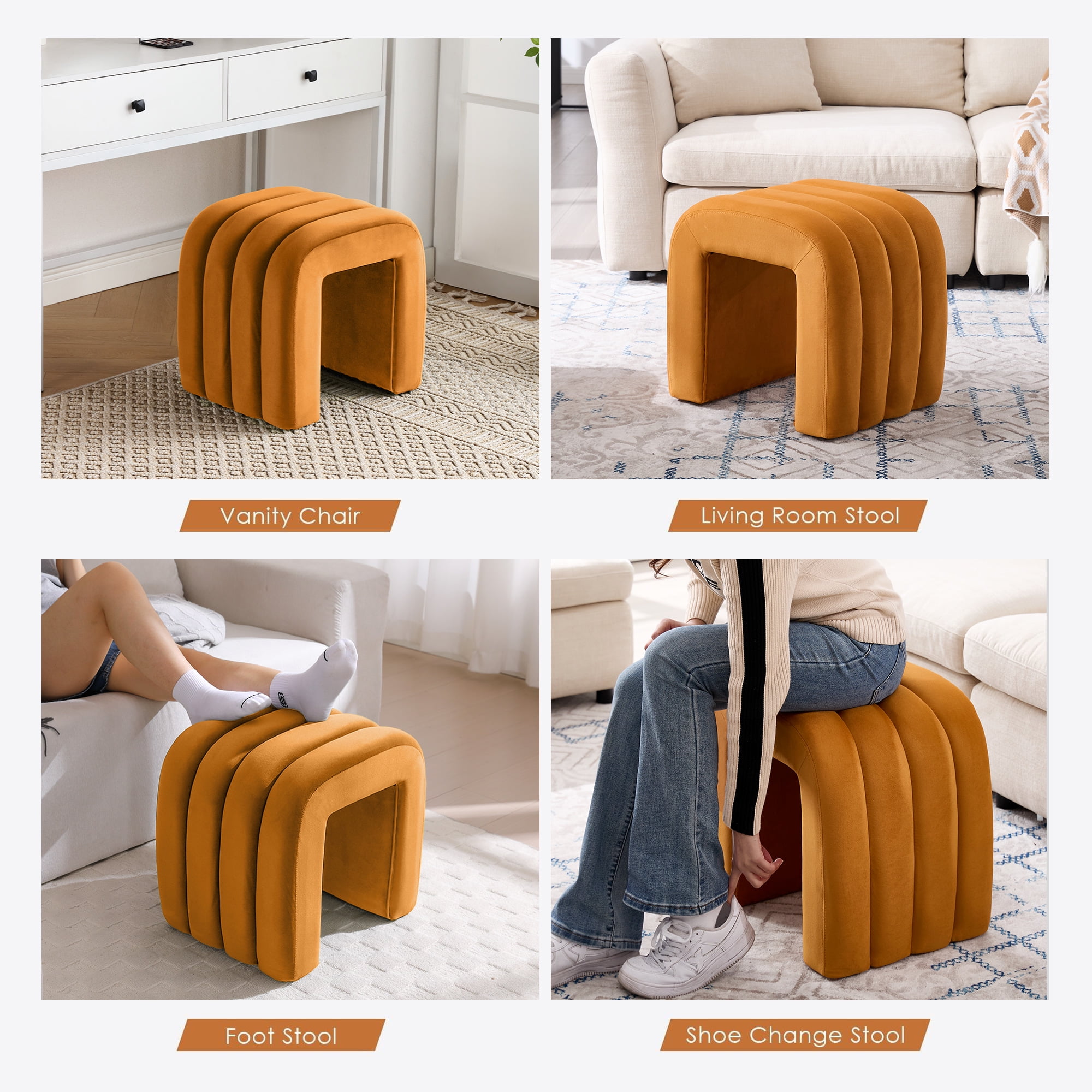 Zesthouse Multi-Functional Ottoman Stool, Tufted Velvet Foot Stools Ottoman for Couch, Modern Vanity Stool for Living Room, Bedroom and Entryway, Orange
