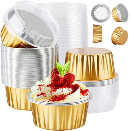 

Aluminum Foil Cupcake Baking Cups Gold 50Pack 5oz Disposable Mini Aluminium Creme Brulee Ramekins Cupcake Liners Foil Desert Cake Pans Flan Molds Tin Foil Cups Containers with Lids for Baking