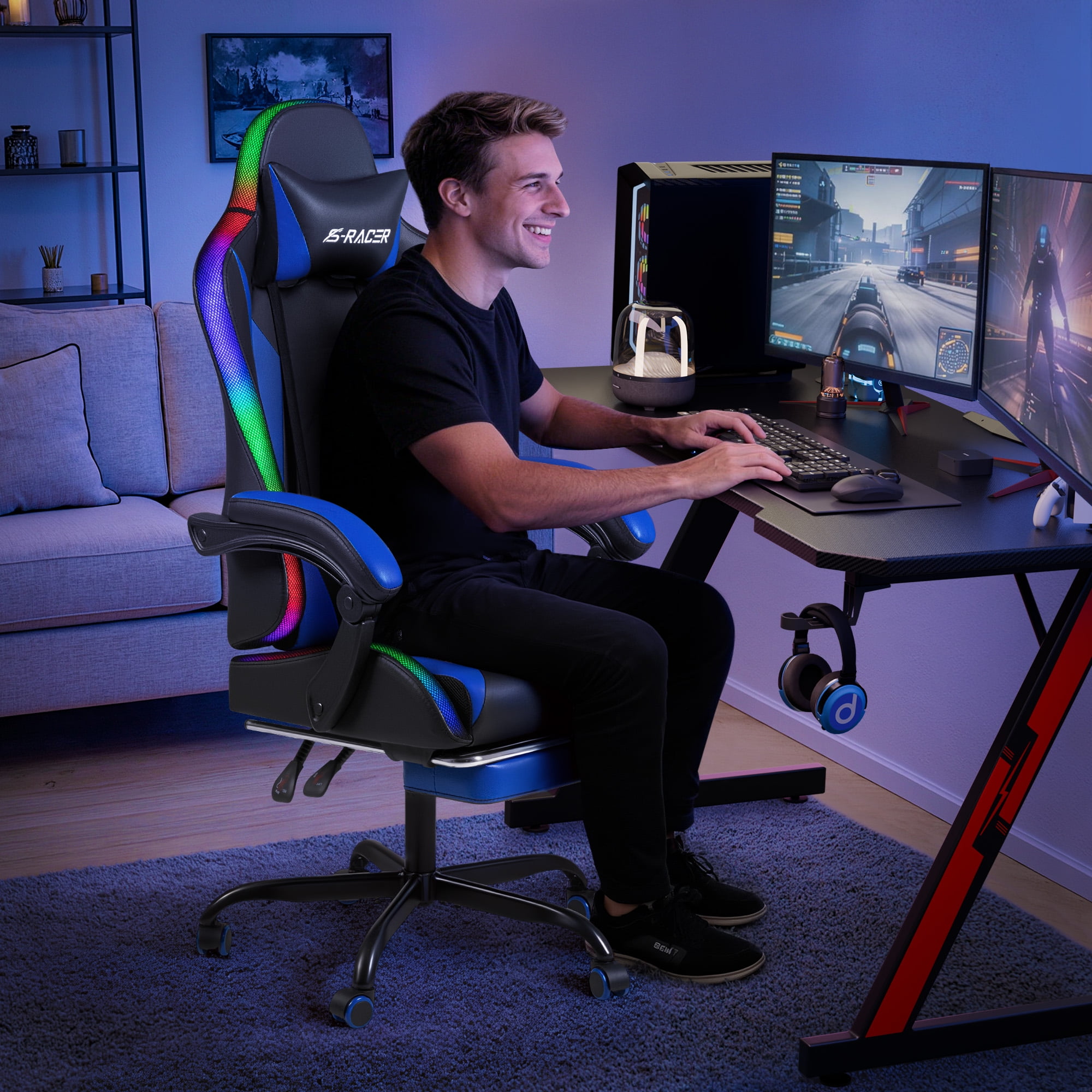 Homall RGB Gaming Chair Massage Reclining Racing Chair with APP & Remote Control, Audio Sync LED, Footrest & Headrest, Blue