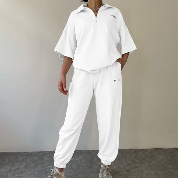 clear 50% off wycnly Lounge Set for Women Womens Quarter Zip Pullover Tops 2 Piece Sets Fashion Letter Print Lapel Mid Sleeve Top and Cargo Jogger Pants Outfits Sets with Pocket Under $10