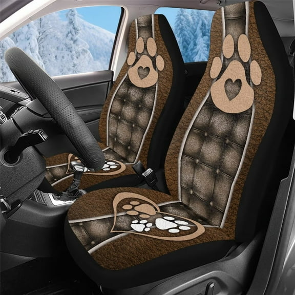 Uorisanigo Car Seat Covers for Front Seats – Plush Faux Leather Dog Paw Print Seat Covers Auto Driver Seats Cover, 2 PCS Interior Accessories Cover for Car Truck Van SUV