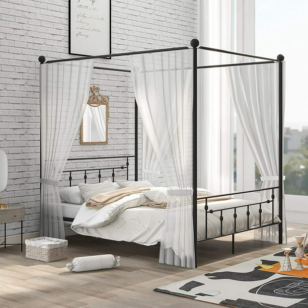 Metal Canopy Bed Queen Size Four Post, King Size Four Poster Iron Canopy Bed In Black And White
