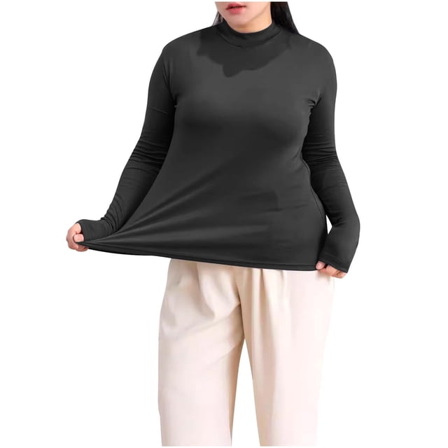 T-Shirt à Manches Longues Col Semi-Haut Grande Taille pour Femmes, Couche de Base en Modal, Blouse Ample Confortable et Extensible, Tenue Décontractée d'Hiver Chaude