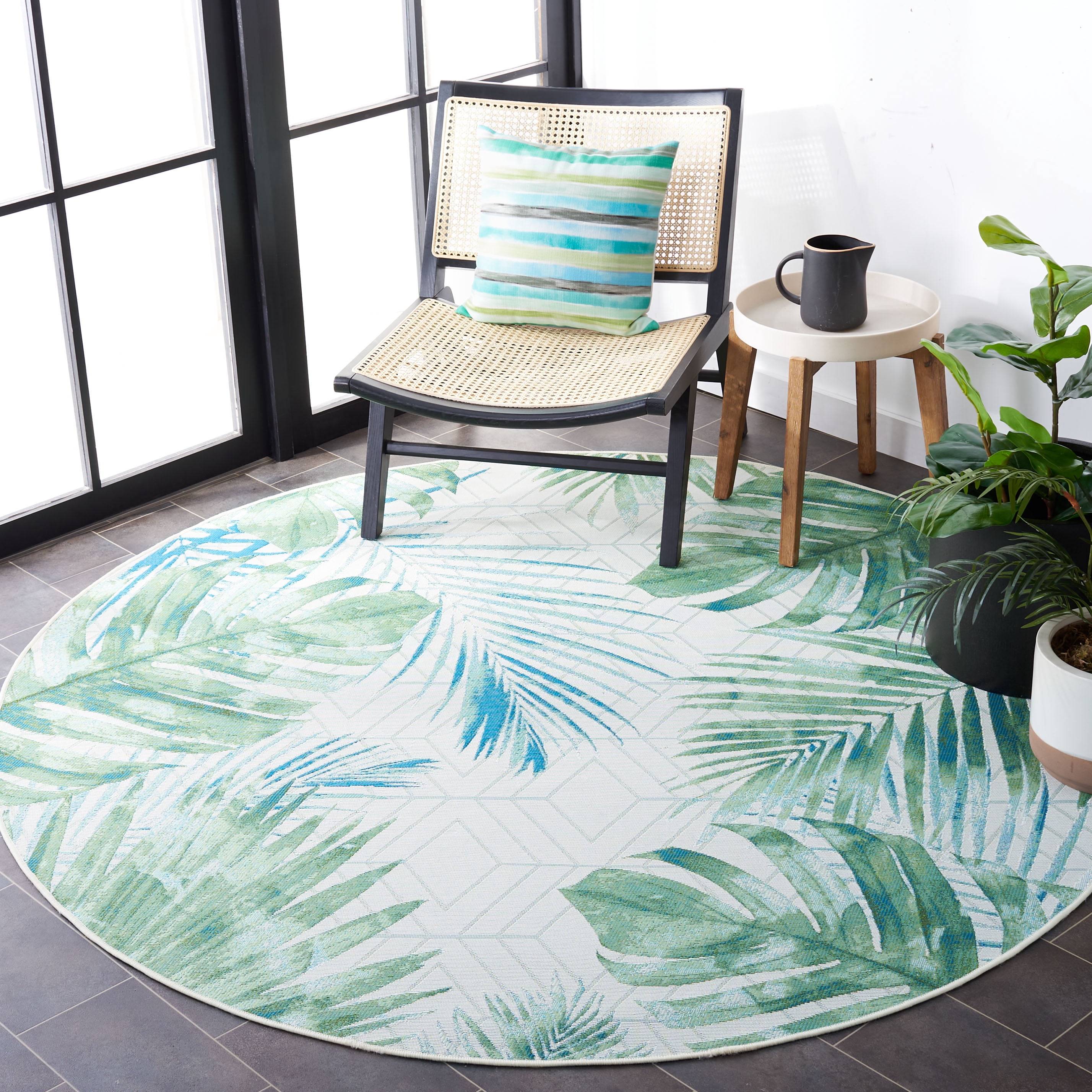 SAFAVIEH Barbados Distressed Palm Leaves Outdoor Area Rug, Green/Teal, 6'6" x 6'6" Round