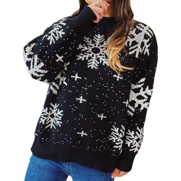 Sudadera de Navidad Gibobby para mujer suéter grueso de Otoño Invierno cuello redondo negro S