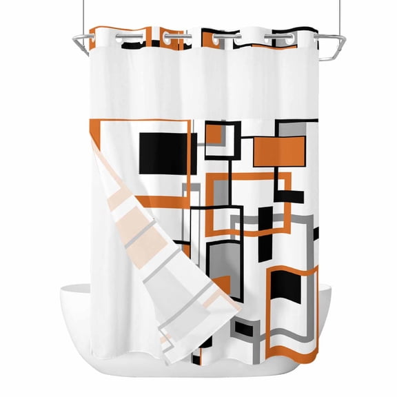 No Hook Shower Curtain, Orange Black Grey Geometric Long Bathtub Curtains with Snap in Liner, Middle Century Modern Abstract Art Waterproof Washable Fabric Shower Curtain Set, 72"W x 84"L