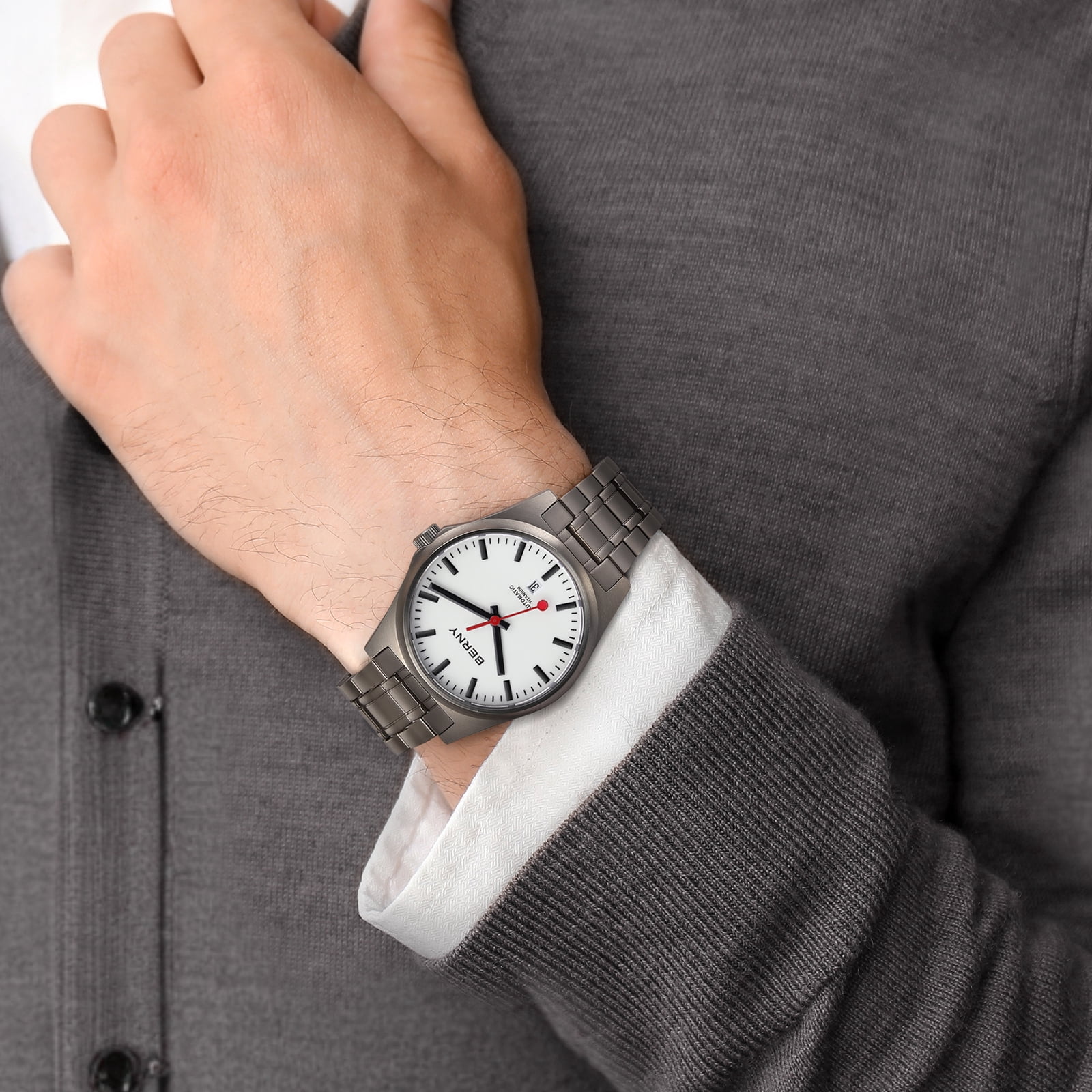 BERNY Automatic Titanium Watches for Men, Sport Casual 10ATM Waterproof Analog Mechanical Watch with Date, Super Luminous, Sapphire Crystal, Fashion Minimalist Men's Wrist Watch (White)