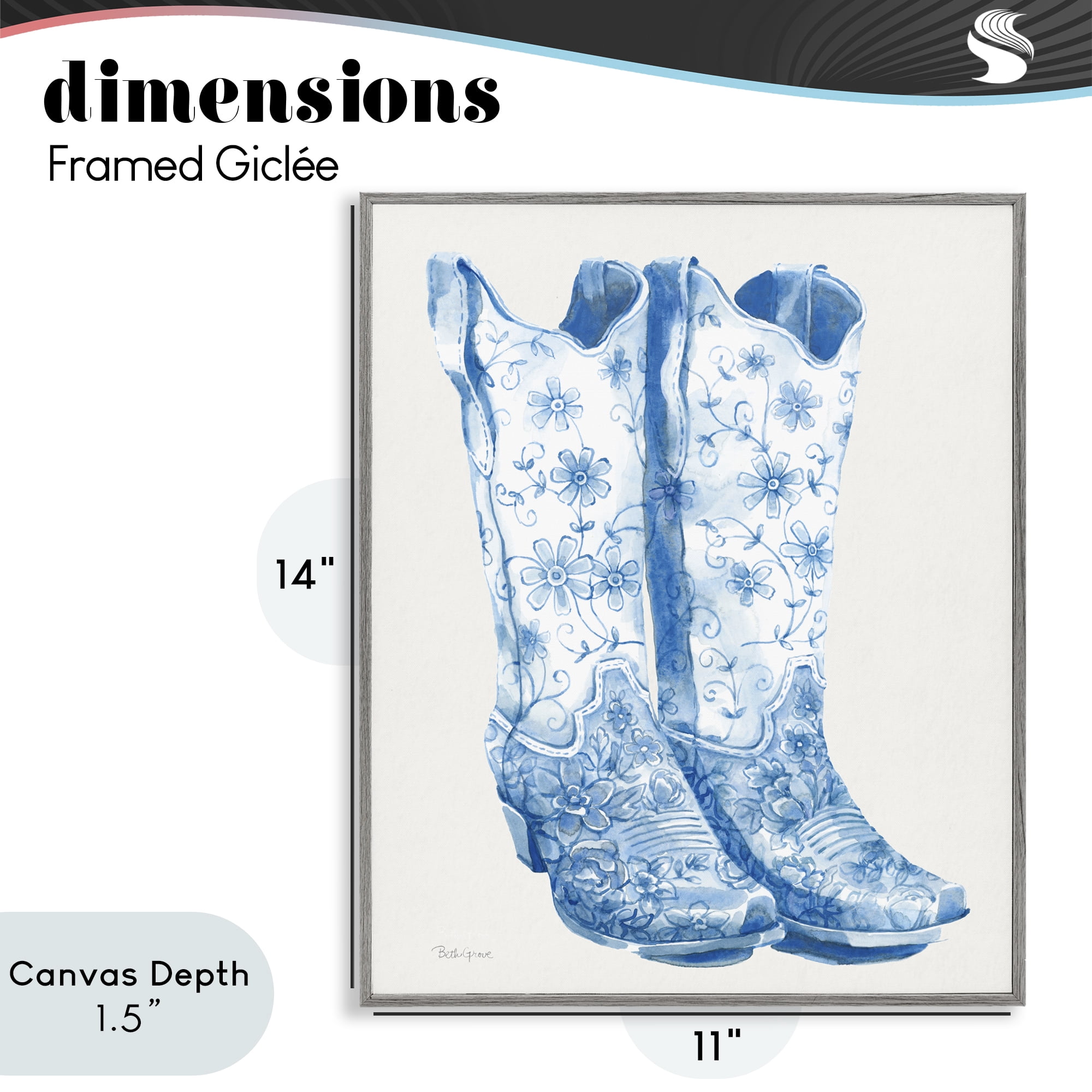Stupell Industries Blue Boots with Floral Embroidery Gray Framed Giclee Art, design by Beth Grove