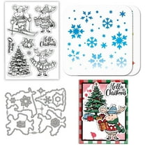 Christmas Reindeer Silicone Clear Stamps Metal Christmas Tree Bell Frame Cutting Die Cuts Snowflakes PET Paint Craft Stencils Template for Card Making and DIY Embossing Scrapbooking