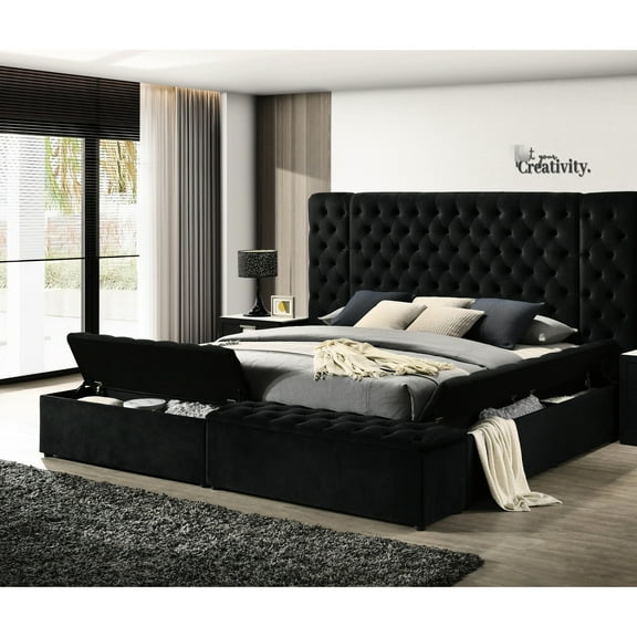 Contemporary Black King Bed With Luxurious Modern Headboard And Storage Wood Elegant Options