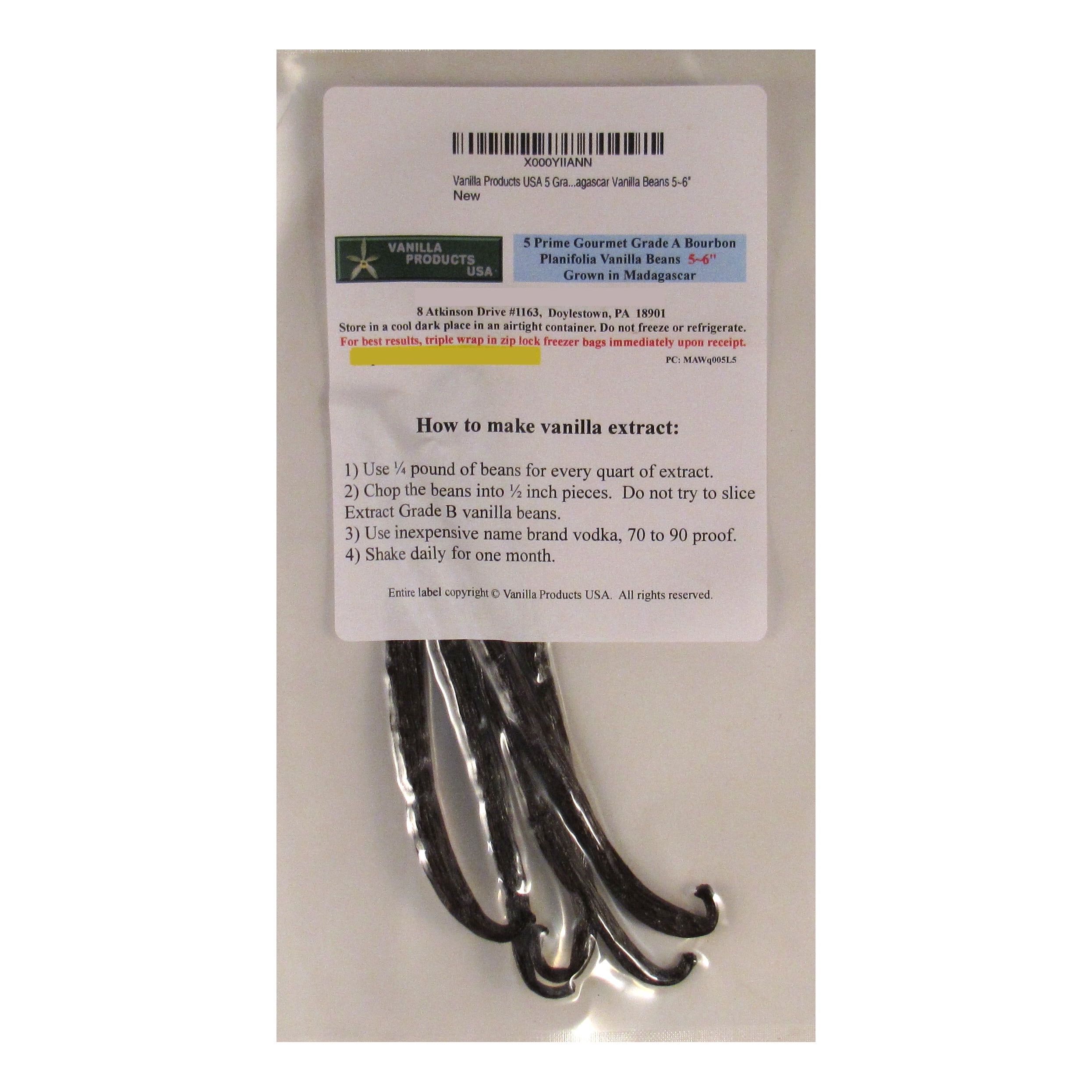 Vanilla Products USA 5 Madagascar Grade A Gourmet Vanilla Beans 5~6 inches