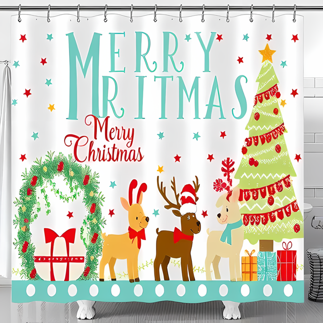 Cheerful "Merry Ritmas" Shower Curtain with Whimsical Design Festive Animals & Christmas Tree - Perfect Holiday Decor
